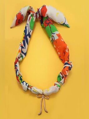 Colorful Knot Scarf Necklace with Gold Bow Pendant